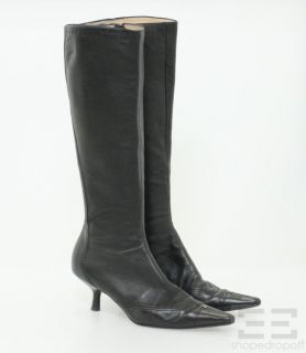 Black Leather Point Toe Knee High Kitten Heel Boots Size 40 5