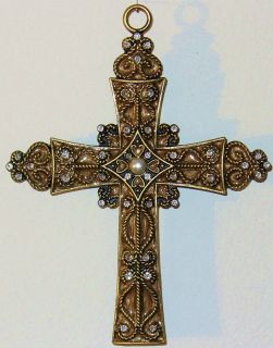 Holy Cross Gold Tone w Sparkling Crystals Faux Pearl Ornate Pendant