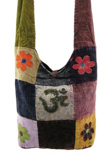 Courduroy Patchwork Hobo Bag with OM and Flower Appliques