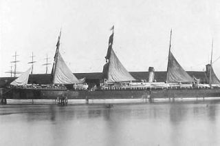 The White Star Liner OCEANIC with sails drying at San Francisco in the