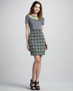 48R4 Milly Liya Embellished Sweater & Plaid Pencil Skirt