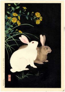 NISHIMURA HODO Japanese Woodblock Print RABBITS AT NIGHT 1938