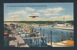 YACHT BASIN AND AIRPORT Linen Postcard ANNA MARIA ISLAND, FLORIDA FL