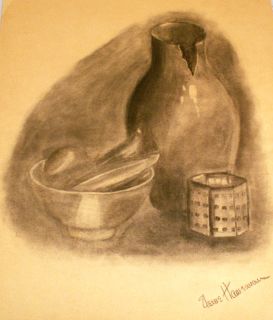 Elaine Hawswan Still Life w Broken Vase Charcoal 20c