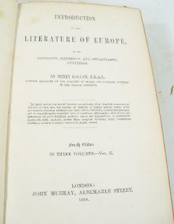 1854 4th Edition Hallam Literat Ure of Europe 3 Vol