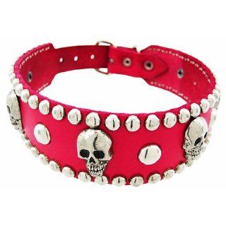 24 Inch Hot Pink Leather Skull Studded Dog Collar Medium