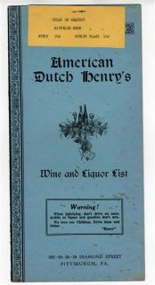 American Dutch Henrys Menu Pittsburgh Pennsylvania 1930S