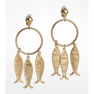  Fish Charm Dangle on Hoop Clip on Gold Plated Earrings Jewelry