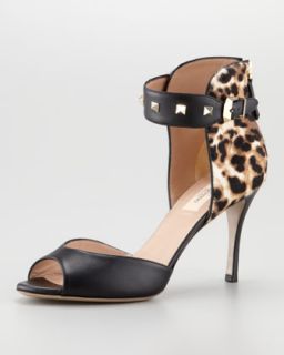 X1GT5 Valentino Rockstud Ankle Strap Leopard Calf Fur Back Sandal