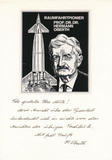 Hermann Oberth, rocketpioneer, handsigned + written comment about