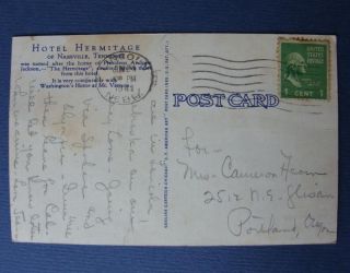 1941 Hotel Hermitage Nashville TN Vintage Postcard Tennessee Historic