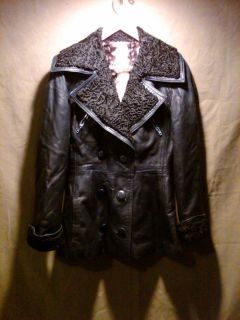  Vintage Leather Coat w Fur Lining Lambswool Collar