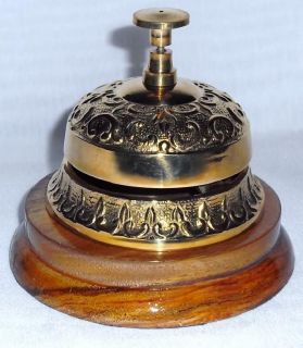 Solid Brass 4 5 in Hotel Desk Bell with Teak Wood Base