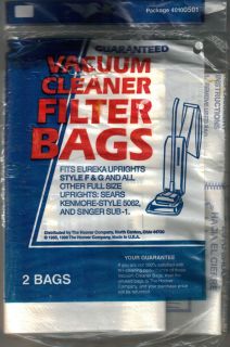 Hoover Vacuum Cleaner Filter Bags Style F G Eureka  Kenmore 5062