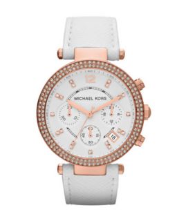 mid size white leather parker chronograph glitz watch $ 225