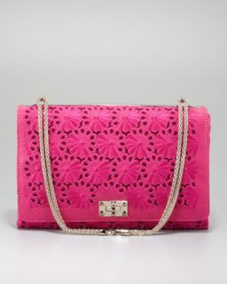 V1D4W Valentino Floral Lace Cutout Shoulder Bag, Pop Fuchsia