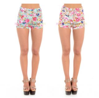  Waisted Multi Floral Turn Up Denim Shorts Hotpants 6 8 10 12 14