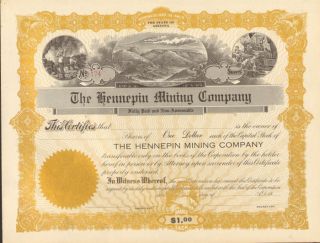 The Hennepin Mining Company Arizona Stock Certificate