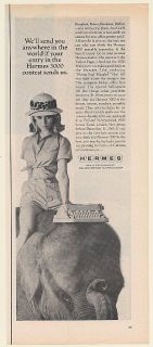 1965 Hermes 3000 Portable Typewriter Lady Riding Elephant Print Ad