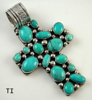 Large Navajo Sterling Silver Turquoise Cross Pendant By PHILBERT