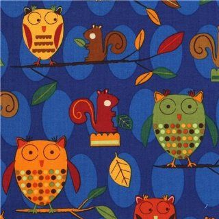 blue owls squirrel fabric Robert Kaufman (Sold in