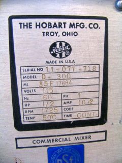 Hobart 30 Quart Commercial Mixer D300 w Bowl Dough Hook Guard Bakery