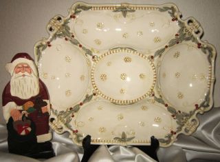 Lg Christmas Divided Platter With Holly & Snowflakes 5 Dividers