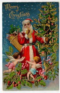  Postcard Santa Blowing Horn with Cupid Angels, Tree, Toy, and Holly