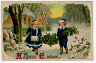 Postcard of Children Carrying a Basket of Holly Through the Snow