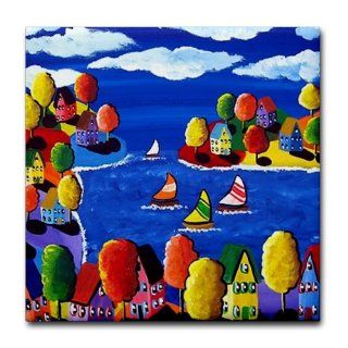 Fall Day Sail Folk Art Tile Coaster by  Kitchen