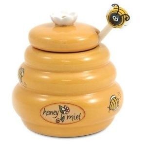 Ceramic Jole Honey Pot with Wooden Dabber w Bee on A Stick New