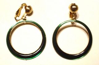 Vintage Emerald Green Clip on Style Dangle Hoop Earrings