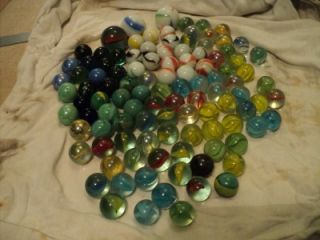 Lot of of 107 Vintage Marbles Antique Beautiful Colors Ribbons