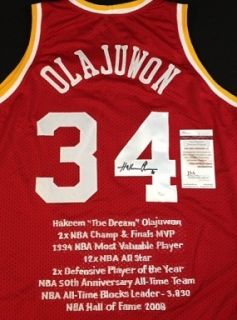 Hakeem Olajuwon Houston Rockets Autographed Stat Jersey JSA Authentic