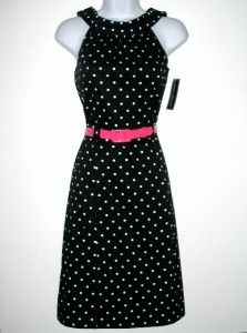 Jessica Howard Black White Polka Dot Dress w Pink Belt Size 14