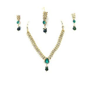 India Fashion Jewelry Green Stone Kundan Design Necklace Earrings Set