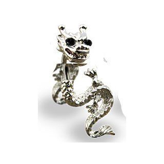 Stainless Steel Rodium Plated Dragon Black Gemed Eyes Belly Button