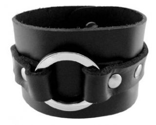 Black Leather Chrome O Ring Wristband Bracelet Clothing