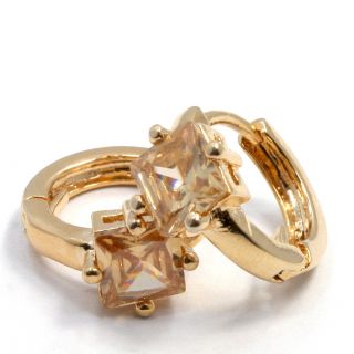 Gold 18K GF Earrings Hoop Huggie Amber Square Crystal 10mm Lady