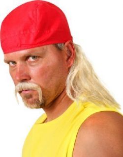 Mullet Wrestler Hulk Hogan WWF Red Bandana Moustache Costume Kit Wig