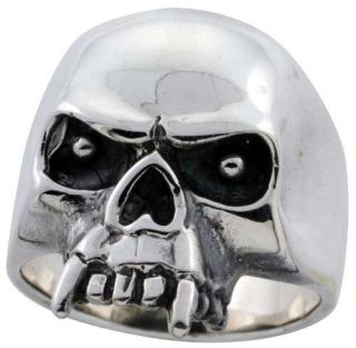 Sterling Silver Skull Ring Fangs 1 1/8 inch wide, sizes 8 to 14