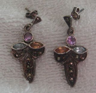 Gorgeous CPT Sterling Silver Multi Gemstone Marcasite Dangle Post