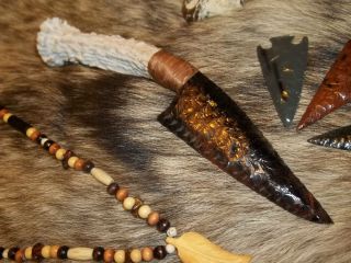  Obsidian Flint Knapped Indian Wolf Bowie Hunting Deer Knife