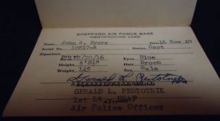 1949 Military ID Card Sheppard AFB Wichita Falls TX
