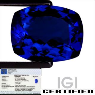 IGI Certified 2.62 ct AAA+ Natural DBlock Tanzanite Rec Cushion Deep