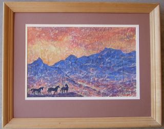 ILA McAfee Watercolor 3 Horses in Mountain Sunset