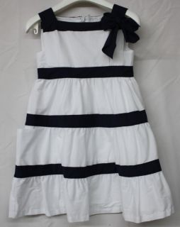 IL Gufo White Dress w Navy Stripes Bow for Girls
