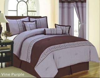 Pcs Embroidered Vine Floral Comforter Set Bed in A Bag Queen Purple
