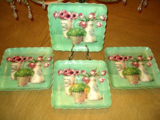 12 Pc Set Square Melamine Plastic Plate Serving Dish Green Flowers 8 5