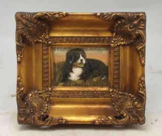 Miniature Oil Painting of A Laying Dog in A Solid Wood Gilt Frame Hand